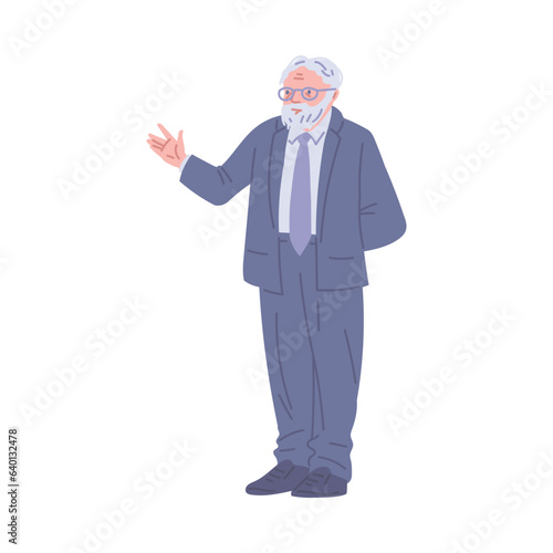 Old man in suit and tie speaks and gesticulates flat style, vector illustration