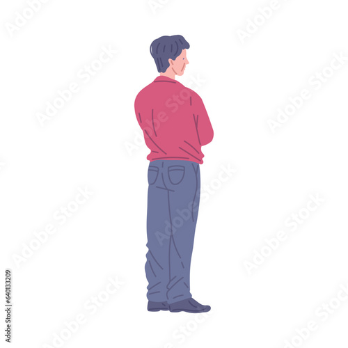 Man standing, view from behind, flat vector illustration isolated on white background.