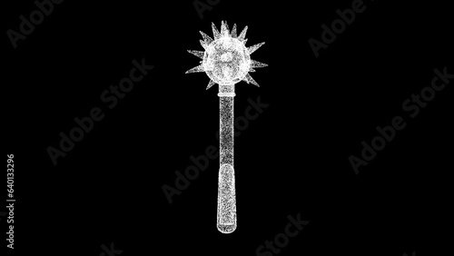 3D mace Weapon on black bg. Historic concept. A symbol of power and victory. For title, text, presentation. Shimmering particles. 3D animation. photo