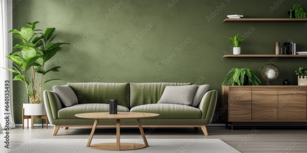 Modern interior design of living room with green sofa and wooden coffee table. Home interior Modern interior design of living room with green sofa and wooden coffee table. Home interior