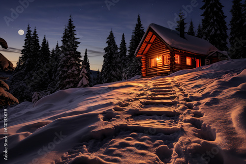 A solitary trail cuts through the snow, guiding one to the inviting glow of a cabin photo
