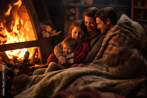 A family gathers close, warmth from the fire meeting the cold, creating a snug winter retreat