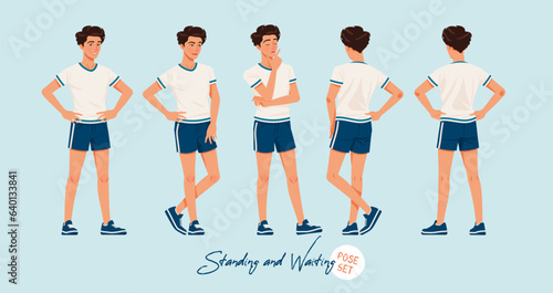 Sporty teenage active boy set standing, waiting poses. Young man wearing activewear athletic boy player outfit. Health, wellness, physical education, fitness male coach. Cartoon character illustration
