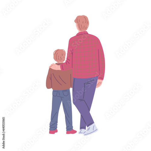 Father with son, view from behind, flat vector illustration isolated on white background.