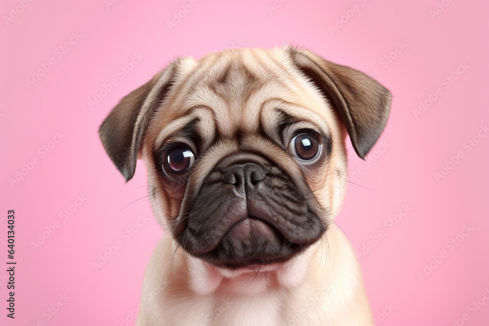 Cute pug dog puppy on pink background