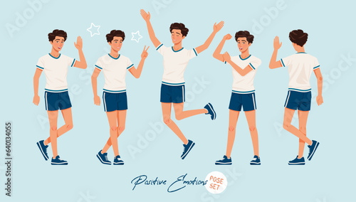 Sporty teenage active boy set positive emotions poses. Young man wearing activewear athletic boy player outfit. Health, wellness, physical education, fitness male coach. Cartoon character illustration
