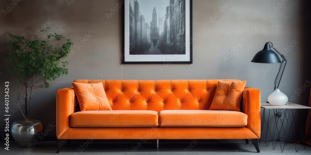 Orange tufted velvet sofa and frame on the wall. Interior design of modern living room Orange tufted velvet sofa and frame on the wall. Interior design of modern living room