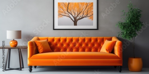 Orange tufted velvet sofa and frame on the wall. Interior design of modern living room photo
