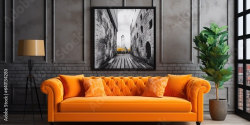 Orange tufted velvet sofa and frame on the wall. Interior design of modern living room photo