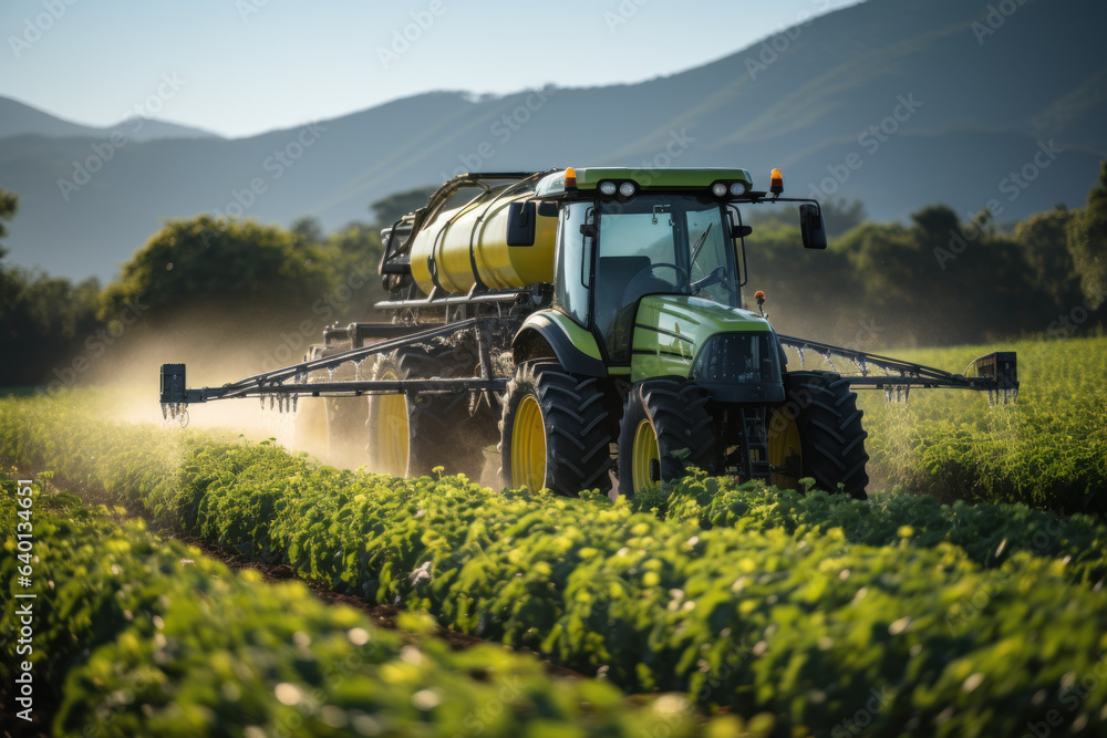 Tractor spraying soy bean field. Nurturing the growth of healthy crops with precise agricultural machinery and efficient water irrigation system Tractor spraying soy bean field. Nurturing the growth of healthy crops with precise agricultural machinery and efficient water irrigation system