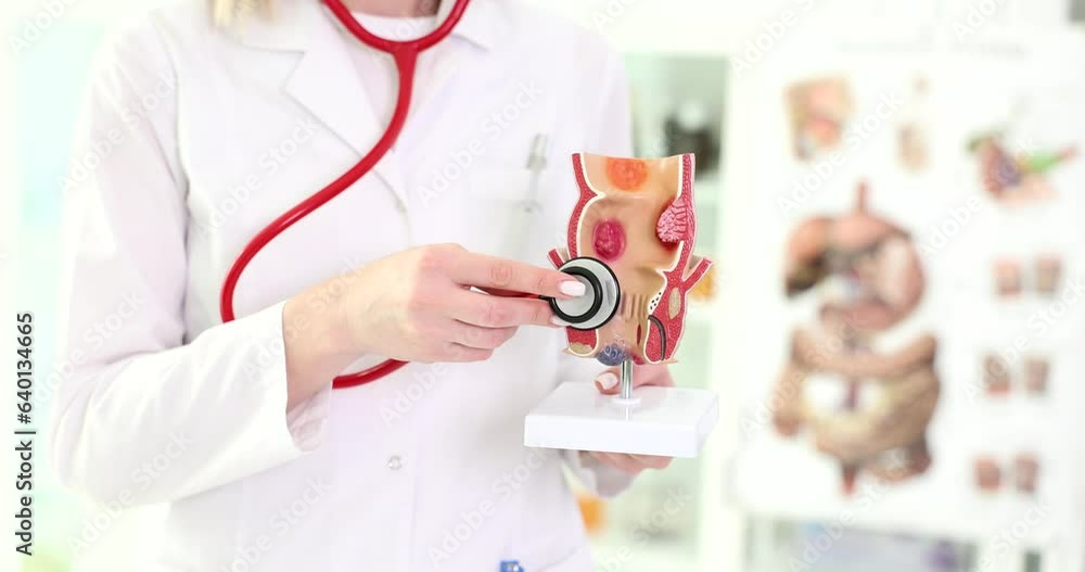 Anatomical model of rectum for hemorrhoids and doctor with astethoscope