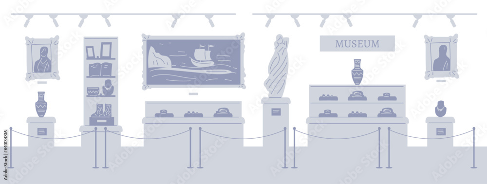 Vector illustration of museum inside without visitors, empty in gray color, exhibits and interior, expositions artworks Vector illustration of museum inside without visitors, empty in gray color, exhibits and interior, expositions artworks