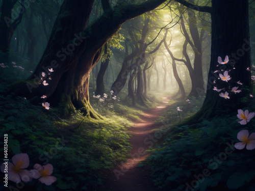 The glowing dreamy forest scene with trees whispering secrets and flowers emitting radiant glows. Foresst background with butterflies and beautiful flowers.