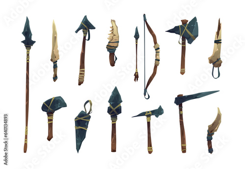 Prehistoric weapon. Cartoon primitive caveman wooden tools, prehistoric age traditional hunting weapon set, ancient hand axe spear and torch. Vector collection