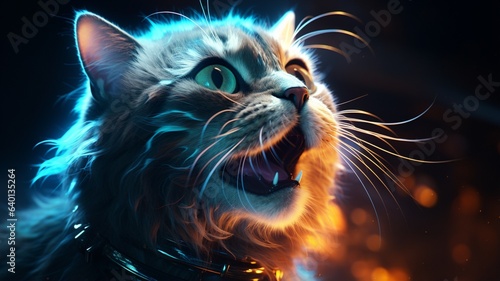 Cute cat neon digital art glowing illustration image Ai generated art