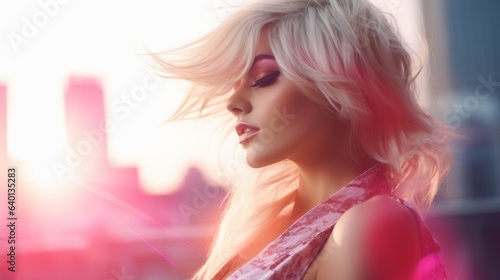 Blonde girl in pink style with cityscape. Generative AI