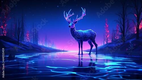 Deer drinking magic color with glowing horns illustration picture Ai generated art