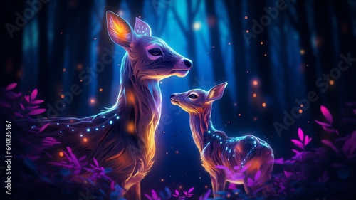 Deer caressing its calf neon light illustration image Ai generated art