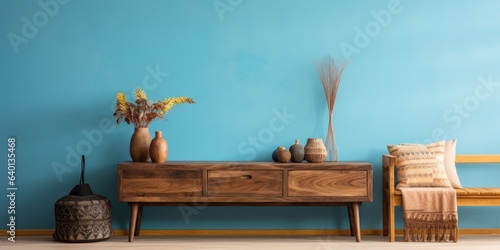 Wooden table and home decor against vibrant wall. Interior design of boho living room