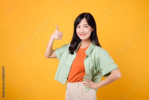 Bild auf Leinwand captivating young Asian woman in her 30s, dressed in an orange shirt and green jumper