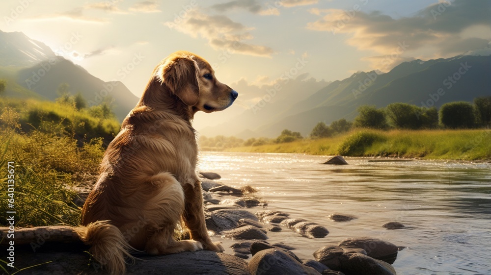 Dog sitting river bank saluki portrait animal photography image Ai generated art
