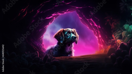 Dog sitting cave neon glowing light illustration image Ai generated art