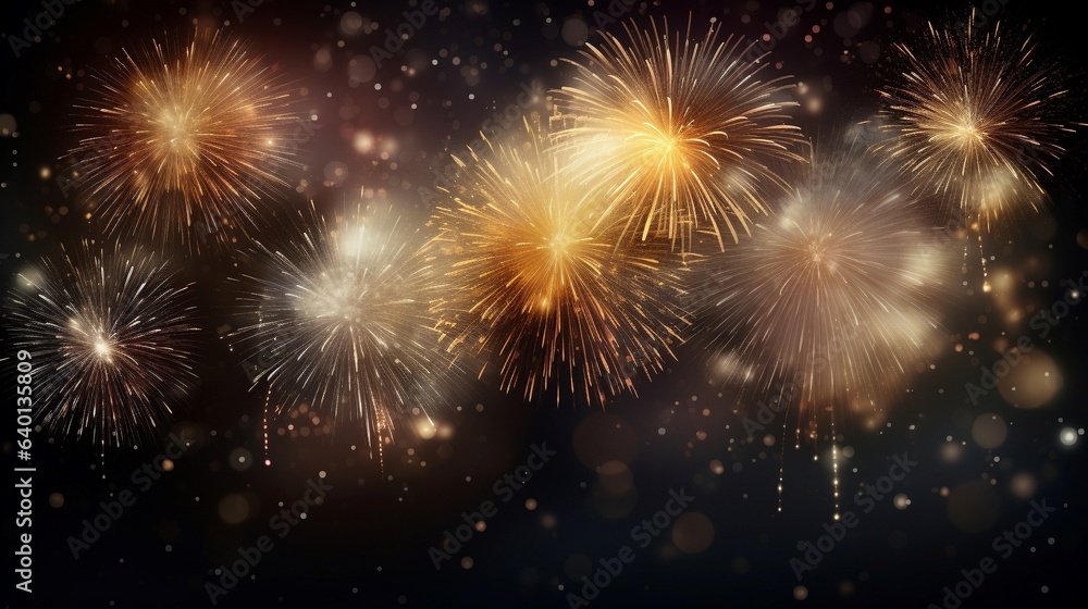 Fireworks in the night sky, New Year celebration. Holiday background. Generative AI.