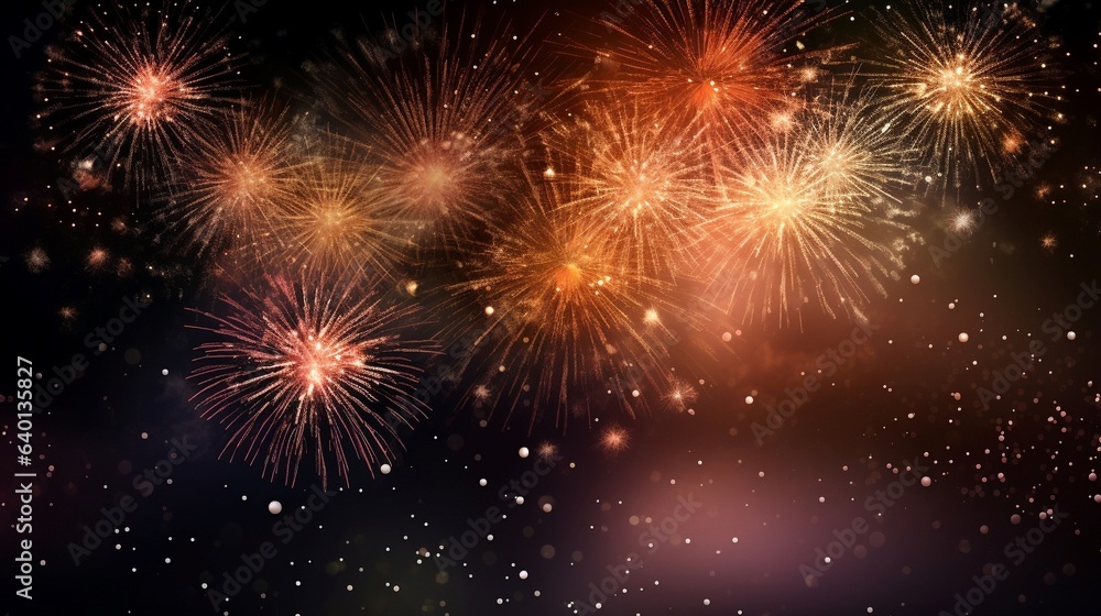 Fireworks in the night sky, New Year celebration. Holiday background. Generative AI. Fireworks in the night sky, New Year celebration. Holiday background. Generative AI.