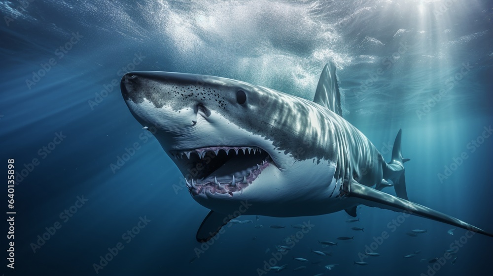 Fototapeta premium Great white shark ocean style underwater image Ai generated art