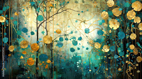 Beautiful abstract nature scene with golden flowers. Textured artwork in teal, blue and gold. High resolution panoramic wall art, art nouveau, jugendstil.