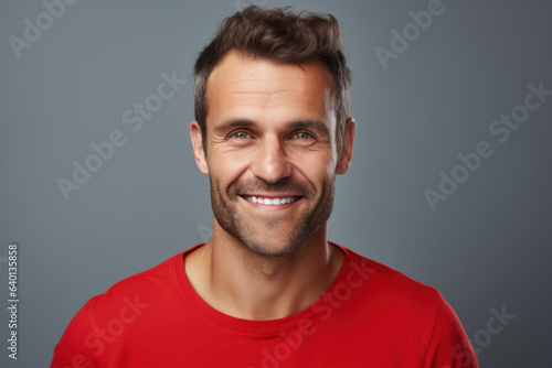Radiant 40-year-old European man in red sweater, joyful. © Ai Studio