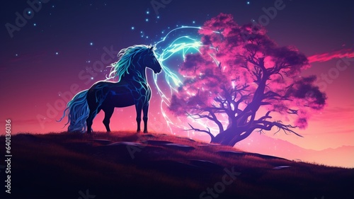 Horse hock forest neon light glowing animal illustration picture Ai generated art © Protap Biswas