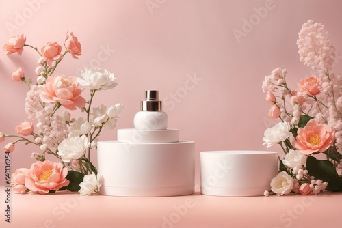 3D rendering cosmetic product display stand with flowers on pink background. Mockup for design
