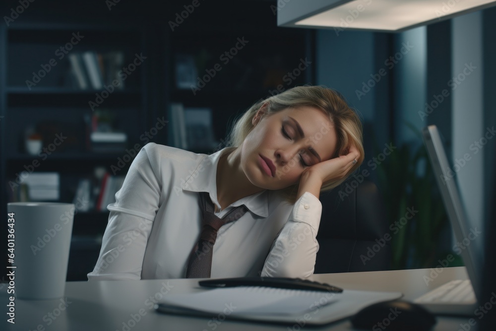 Sleepy tired female employee workaholic napping at the desk at night. Chronic fatigue, overwork