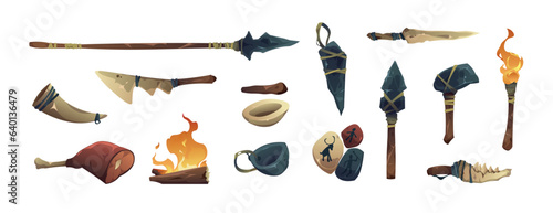 Primitive tools. Ancient stone knife and sharp barbarian rock stick, prehistoric flat weapon and tool icons. Age, civilization and evolution symbols vector set