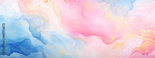 Abstract watercolor paint background illustration - Pink blue color and golden lines, with liquid fluid marbled swirl waves texture banner texture