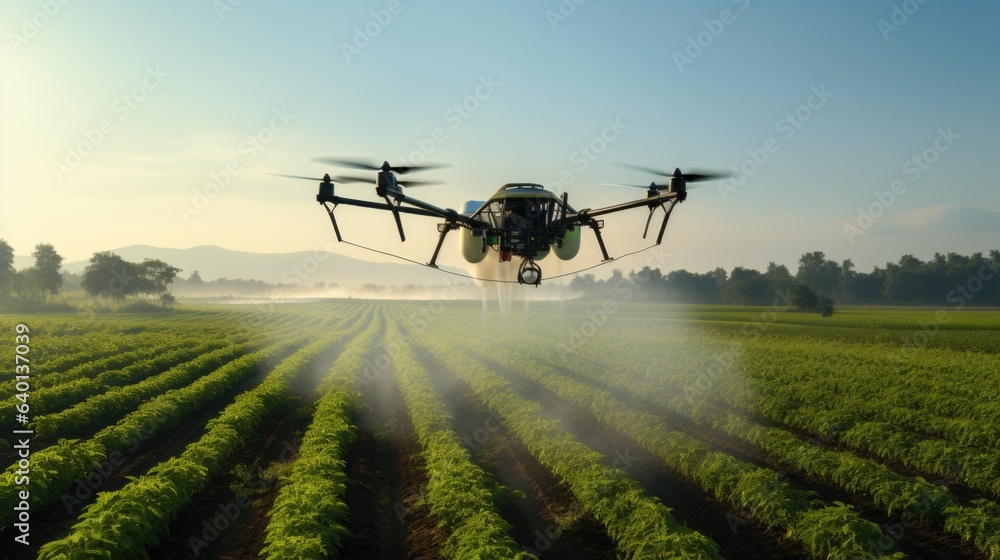 drone spraying crops in agricultural setting with blue sky drone spraying crops in agricultural setting with blue sky