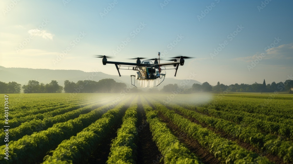 drone spraying crops in agricultural setting with blue sky - obrazy, fototapety, plakaty 