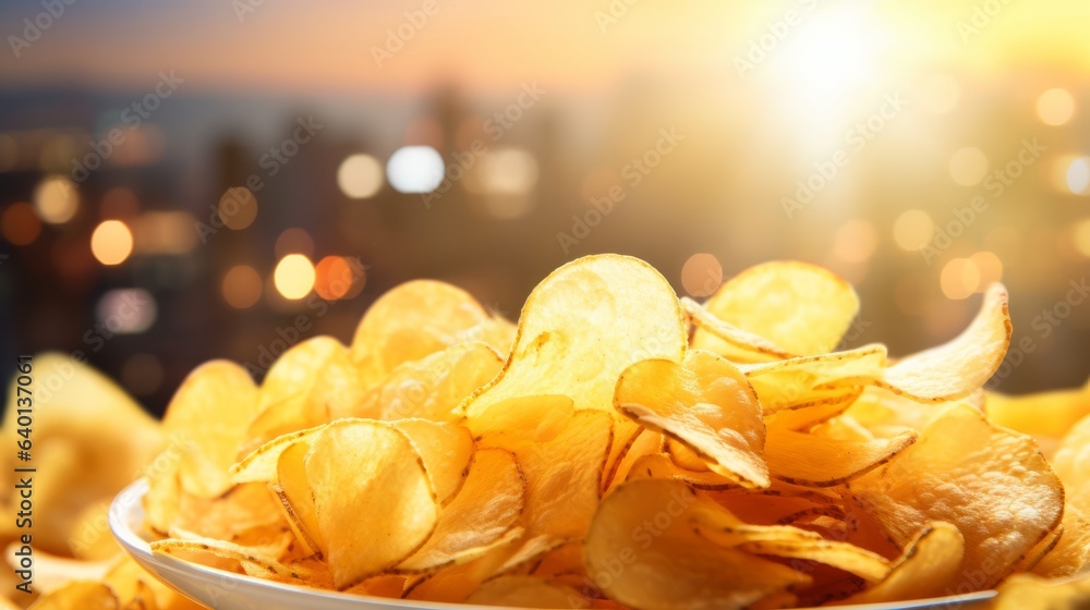 Potato Chips with Blurred Background. Generative AI Potato Chips with Blurred Background. Generative AI