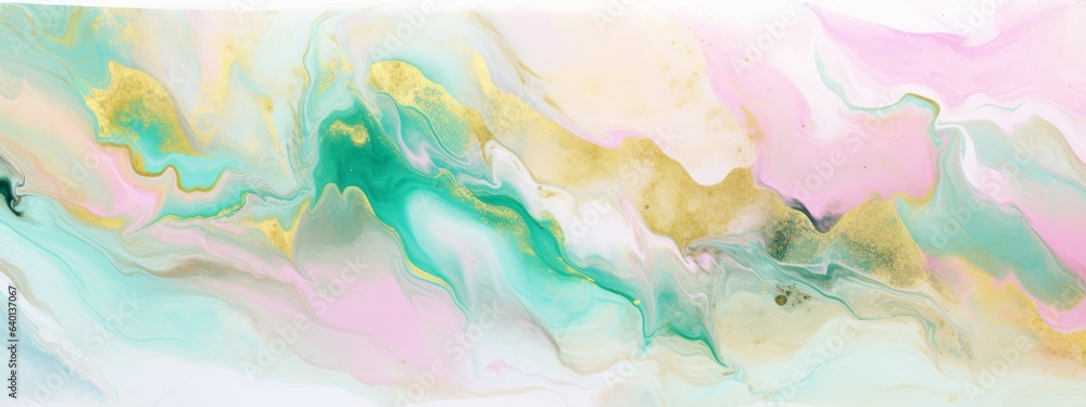 Abstract watercolor paint background illustration - Pink green color and golden lines, with liquid fluid marbled swirl waves texture banner texture