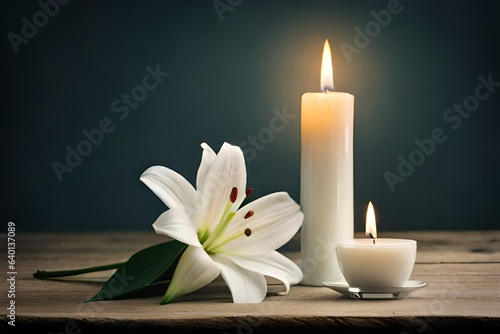 candle with lily flower on table in blue and black background generated by AI tool