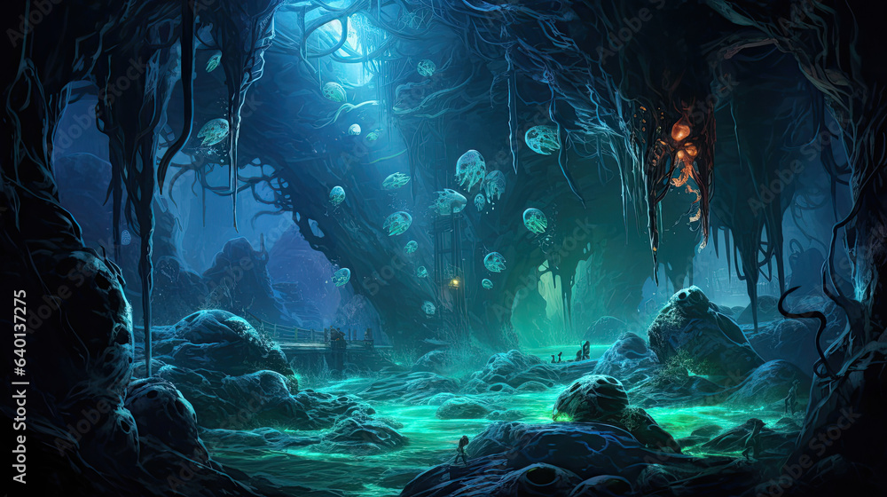 Obraz premium Bioluminescent creatures in an underwater cave