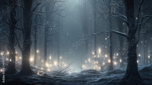 Enchanted winter forest with glowing trees