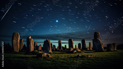 Ancient stone circle under a meteor shower