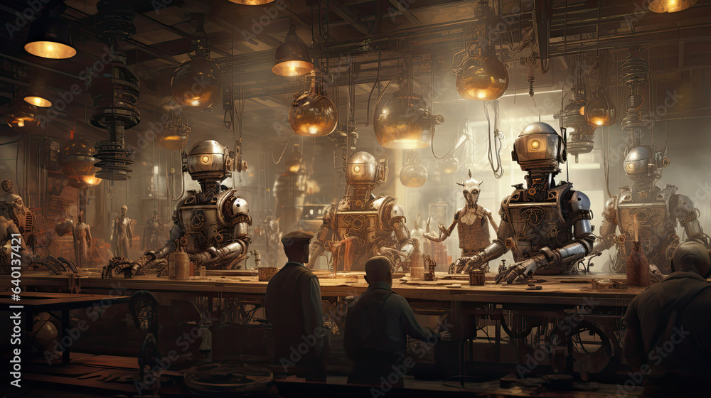 Steam-powered robots working in a clockwork factory Steam-powered robots working in a clockwork factory