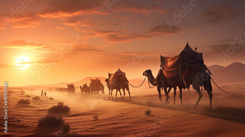 Nomadic caravan crossing a desert at dawn