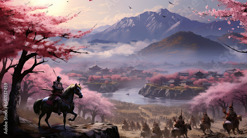 Samurai warriors in a cherry blossom-filled valley
