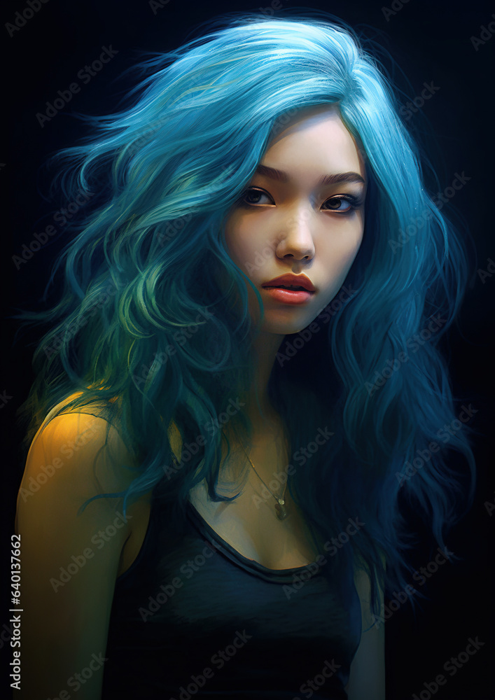 Fototapeta premium Asian young woman with long flowing blue hairs. Stunning portrait generated by Ai
