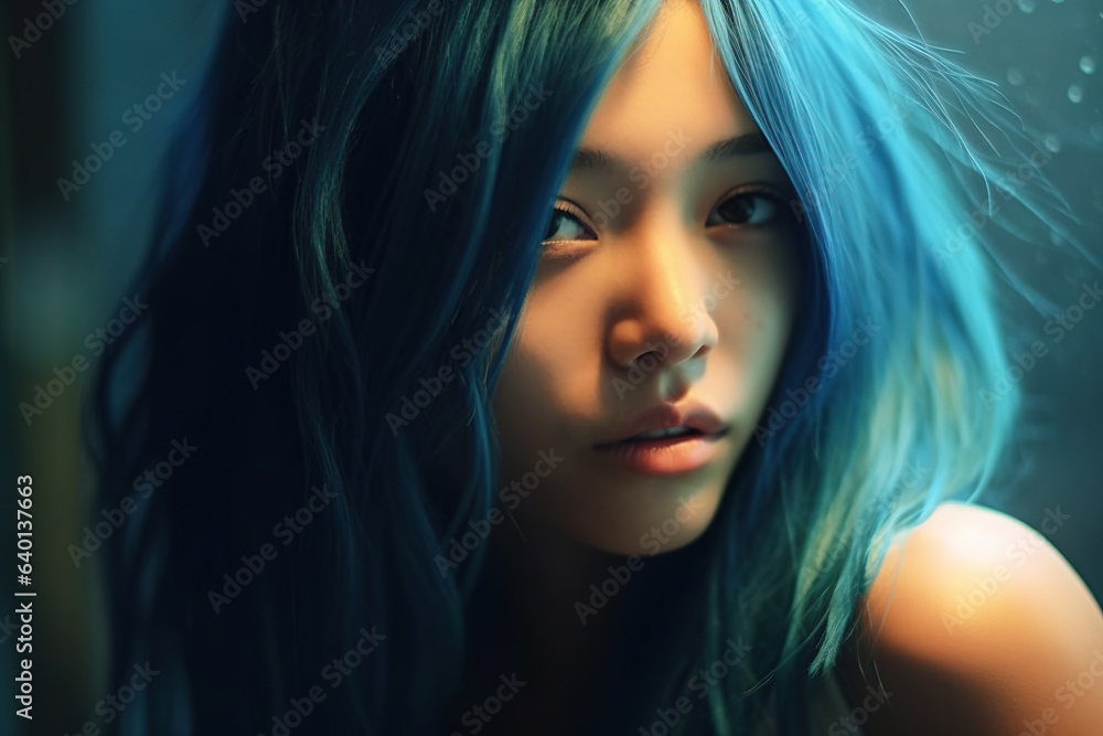 Asian young woman with long flowing blue hairs. Stunning portrait generated by Ai Asian young woman with long flowing blue hairs. Stunning portrait generated by Ai