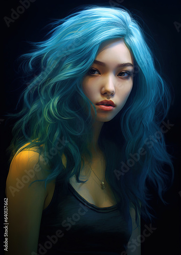 Asian young woman with long flowing blue hairs. Stunning portrait generated by Ai